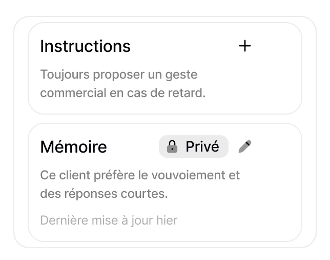 Instructions et mémoire privée d'un projet : geste commercial en cas de retard, client qui préfère le vouvoiement