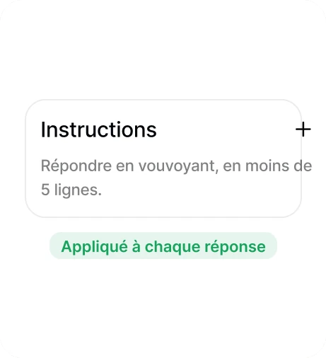 Carte Instructions : répondre en vouvoyant, en moins de 5 lignes, appliqué à chaque réponse