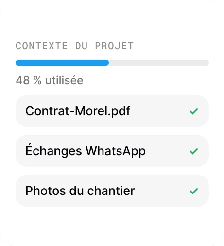 Contexte du projet utilisé à 48 % : contrat PDF, échanges WhatsApp et photos du chantier