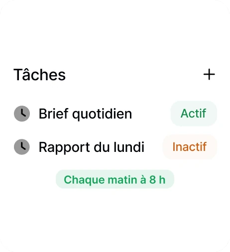 Carte Tâches : brief quotidien actif, rapport du lundi inactif, chaque matin à 8 h