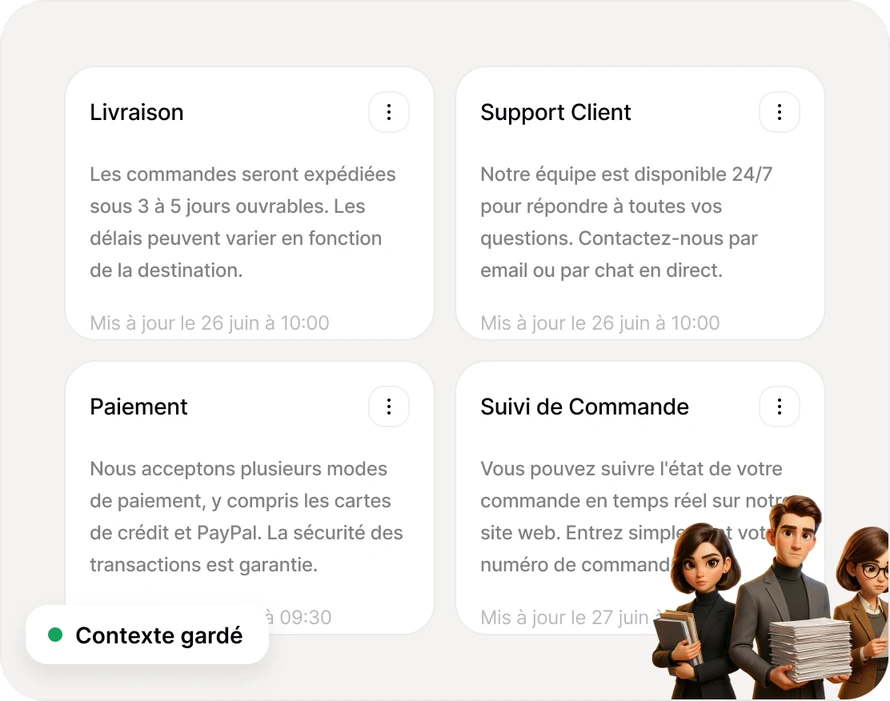 Quatre projets Livraison, Support client, Paiement et Suivi de commande, avec la pastille « Contexte gardé »