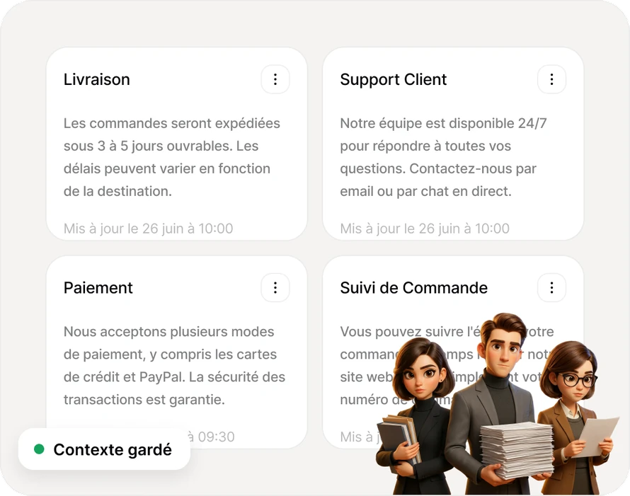 Quatre projets Livraison, Support client, Paiement et Suivi de commande, avec la pastille « Contexte gardé »
