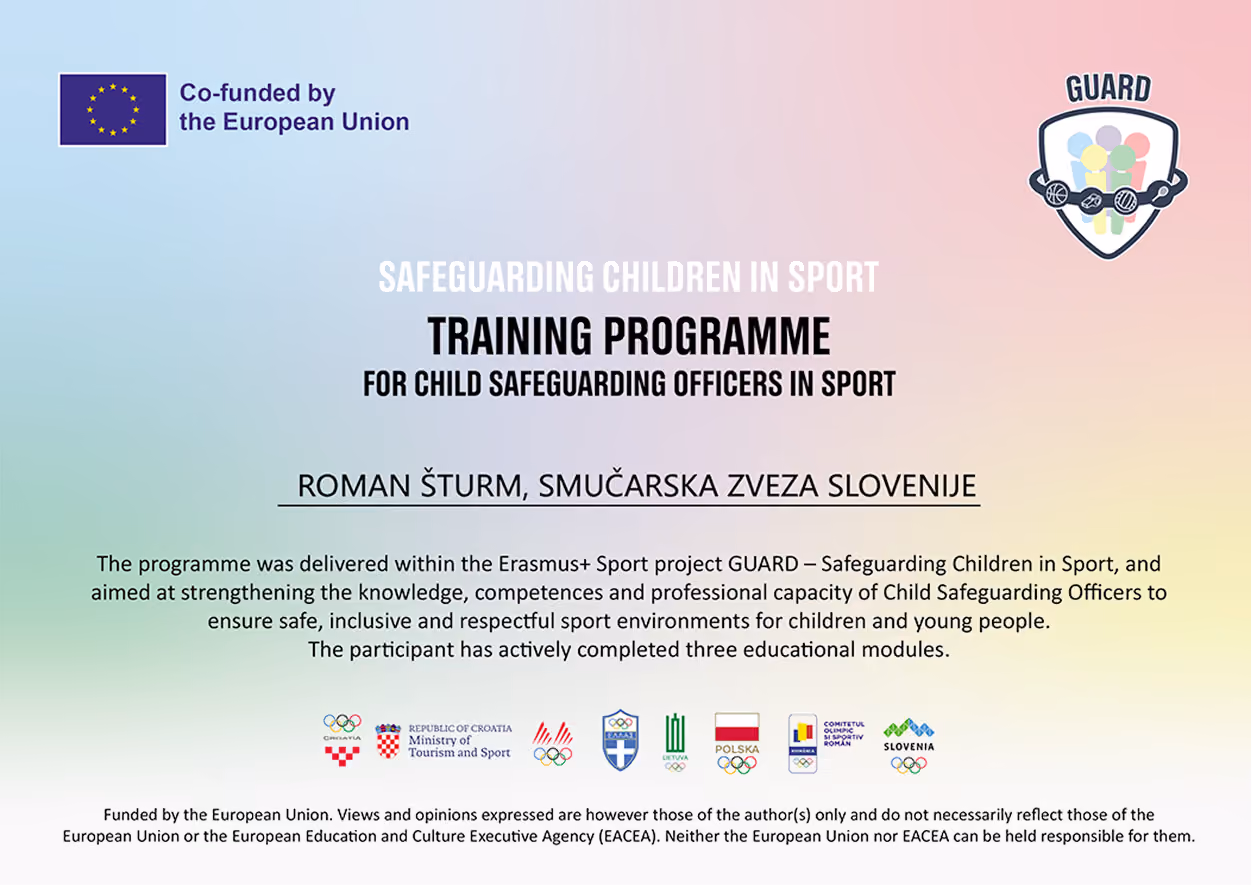 GUARD Training programme for child safeguarding officers in sport – potrdilo Romana Šturma