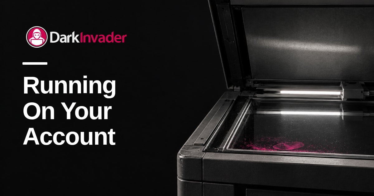 An open photocopier lid above empty scanner glass lit by a hard white lamp bar in a dark office print bay, with the words "Running On Your Account" set on it