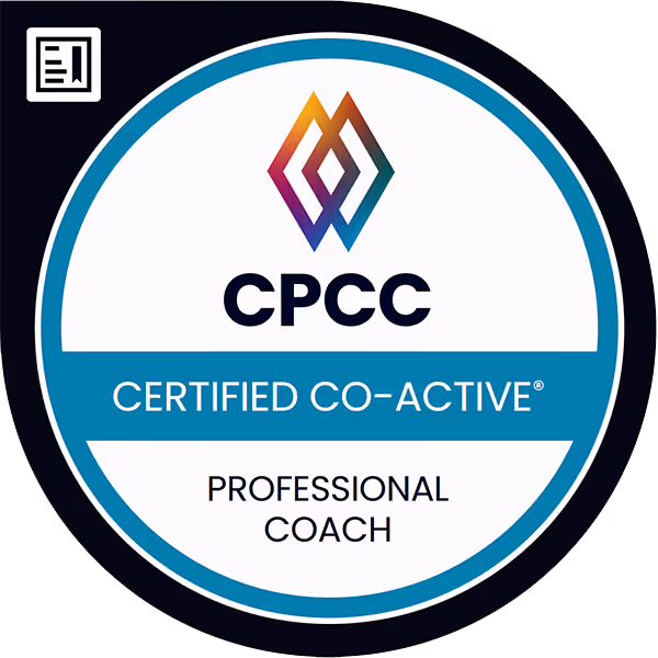 Round badge with colorful geometric logo above bold letters 'CPCC', followed by the text 'CERTIFIED CO-ACTIVE' on a teal background, and 'PROFESSIONAL COACH' in black below.