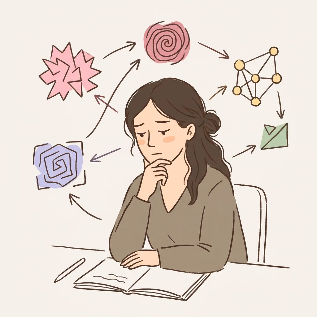 Illustration of a thoughtful woman sitting at a table with an open book, surrounded by abstract symbols and arrows indicating complex or interconnected thoughts.