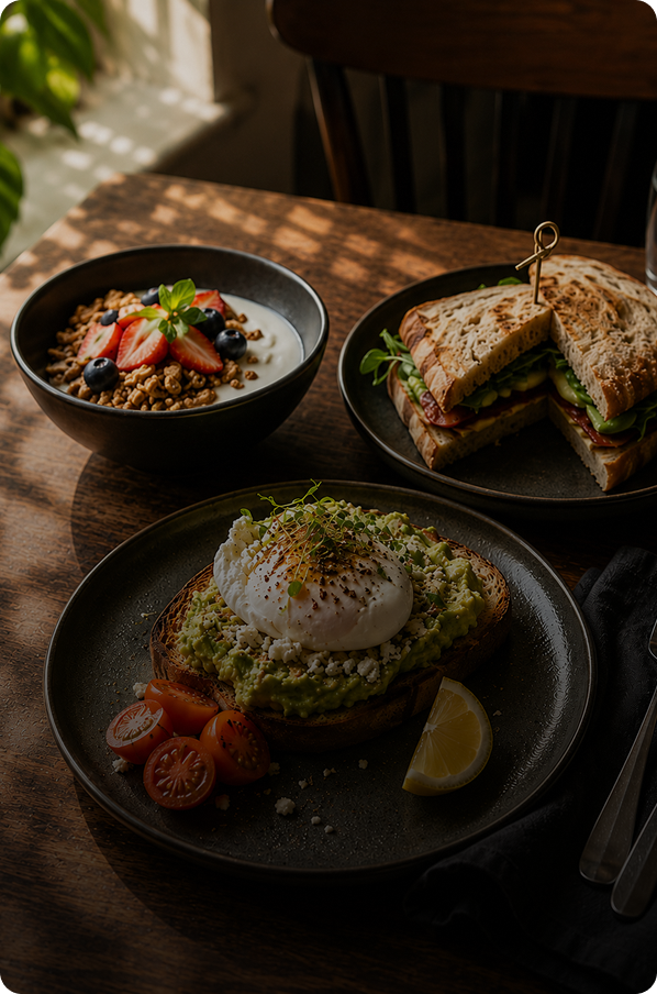 A cafe breakfast table with avocado toast, a poached egg, a sandwich and a fruit topped bowl