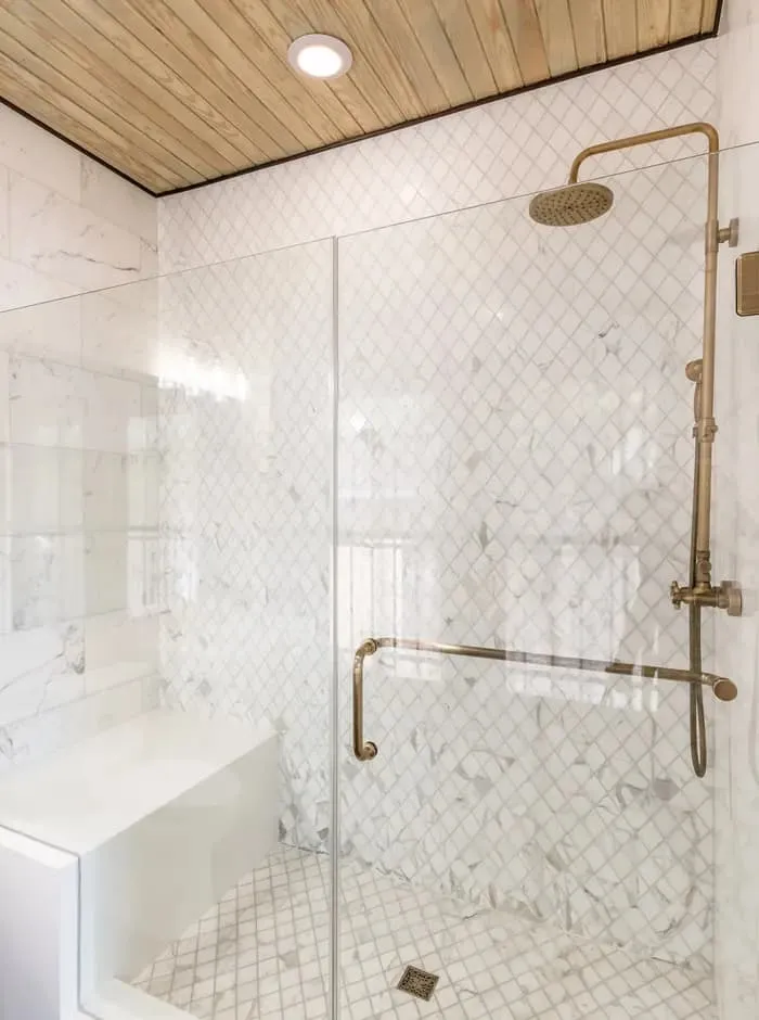 Brass fixture walk in shower from a Sonoma bathroom remodel