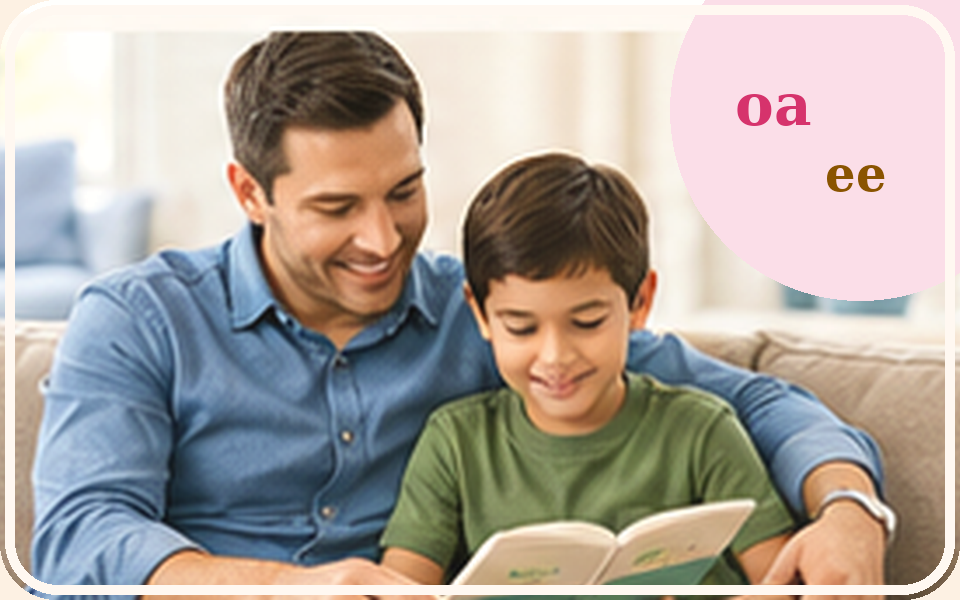 A parent helping a child read at the kitchen table