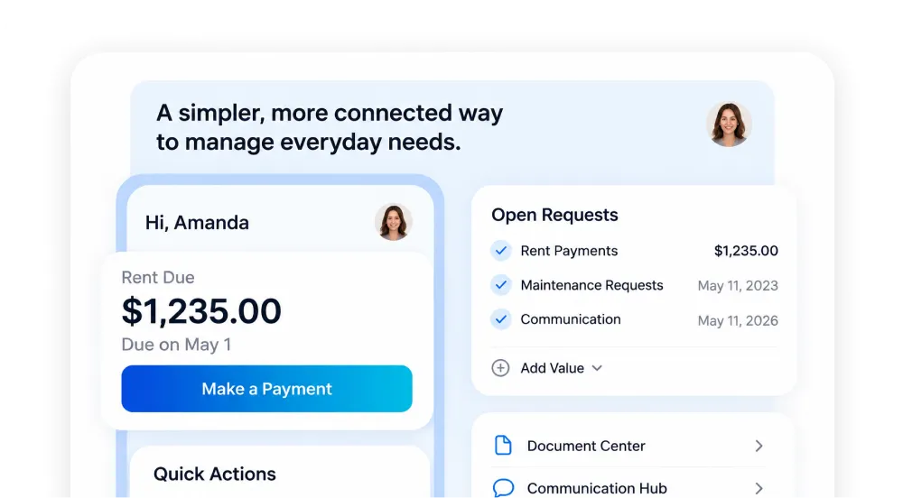 User interface showing a personal finance dashboard greeting Amanda, displaying $1,235.00 rent due May 1 with a 'Make a Payment' button, and sections for Open Requests including Rent Payments, Maintenance Requests, and Communication with respective dates.