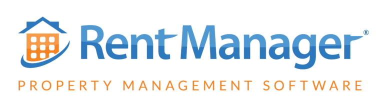 Rent Manager logo featuring a blue house icon with windows and an orange curved base to the left of the blue text 'Rent Manager' with the tagline 'PROPERTY MANAGEMENT SOFTWARE' in orange below.