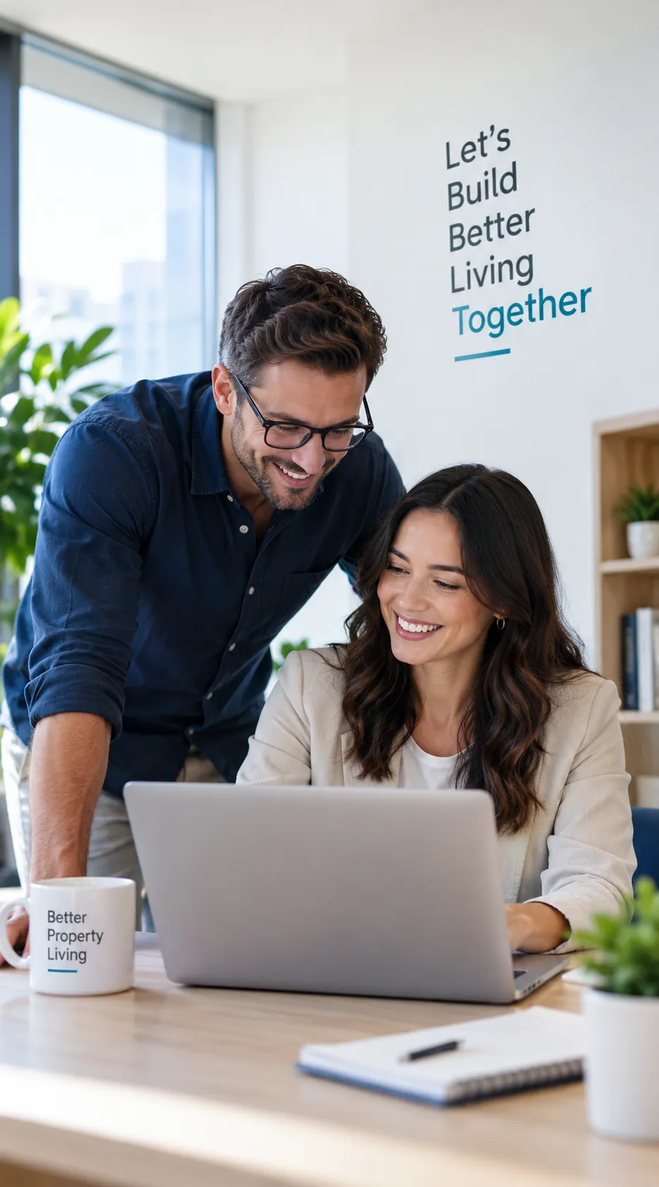 Smiling man and woman working together on a laptop in a bright office with large window and plants, with wall text that reads 'Let's Build Better Living Together' and a mug on the table labeled 'Better Property Living.'