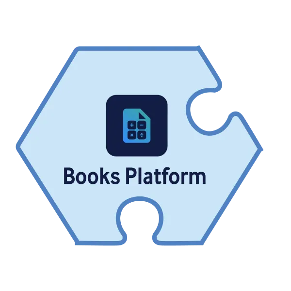 Blue puzzle piece with dark blue calculator icon and text 'Books Platform' below it.