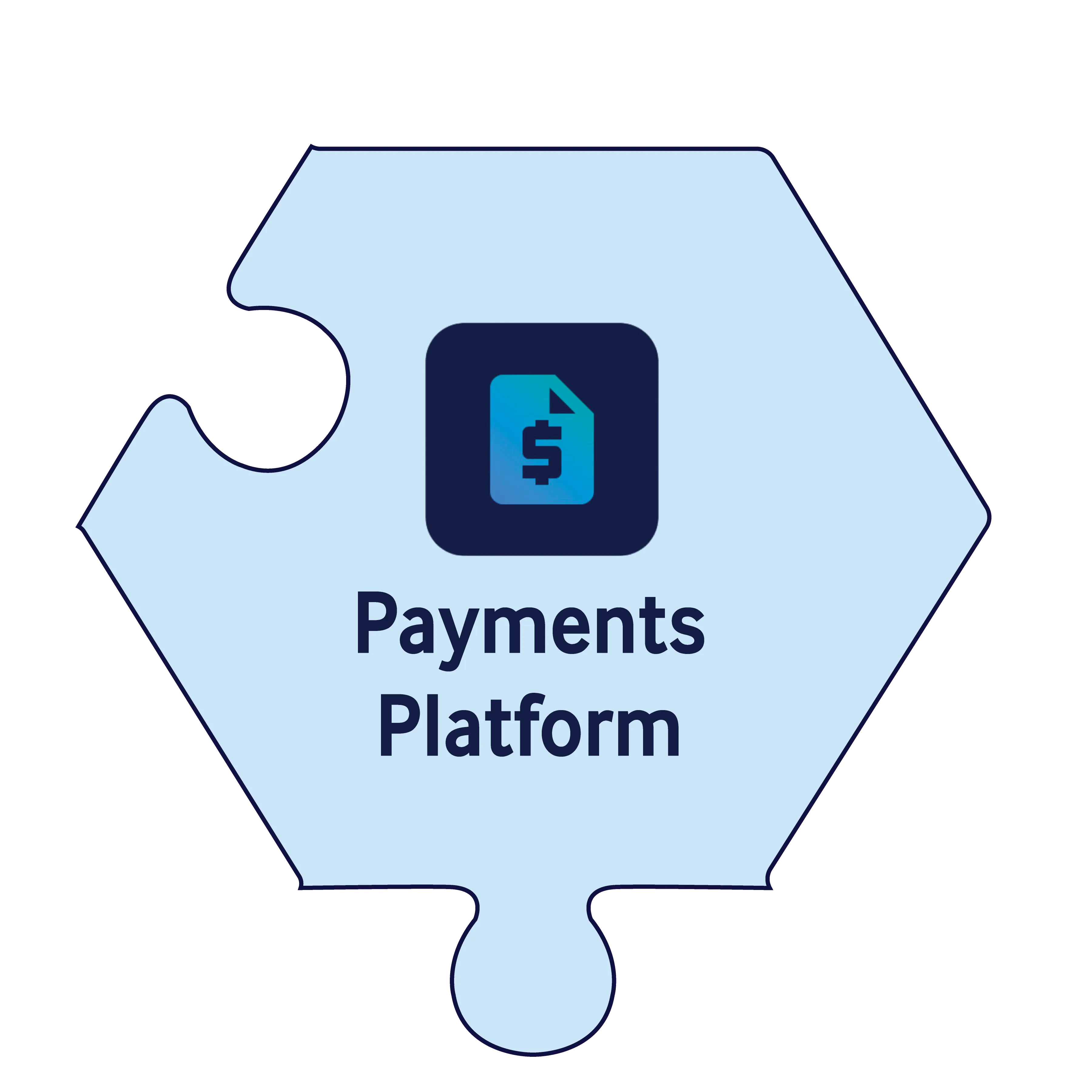 Light blue hexagonal puzzle piece with an icon of a document displaying a dollar sign and the text 'Payments Platform' below it.