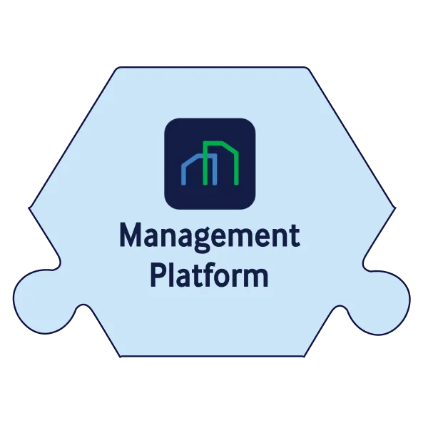 Blue puzzle piece shaped hexagon labeled 'Management Platform' with an icon above showing stylized building outlines in blue and green inside a dark square.