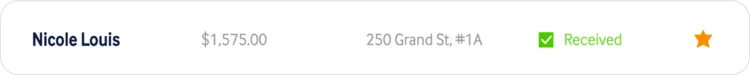 Payment confirmation for Nicole Louis showing amount $1,575.00, address 250 Grand St, #1A, with a green checkmark and the word 'Received' in green, and an orange star icon on the right.
