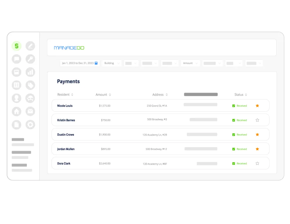 ManageGo payments dashboard showing a list of five residents with their payment amounts, addresses, and payment status as received, along with star icons beside some entries.