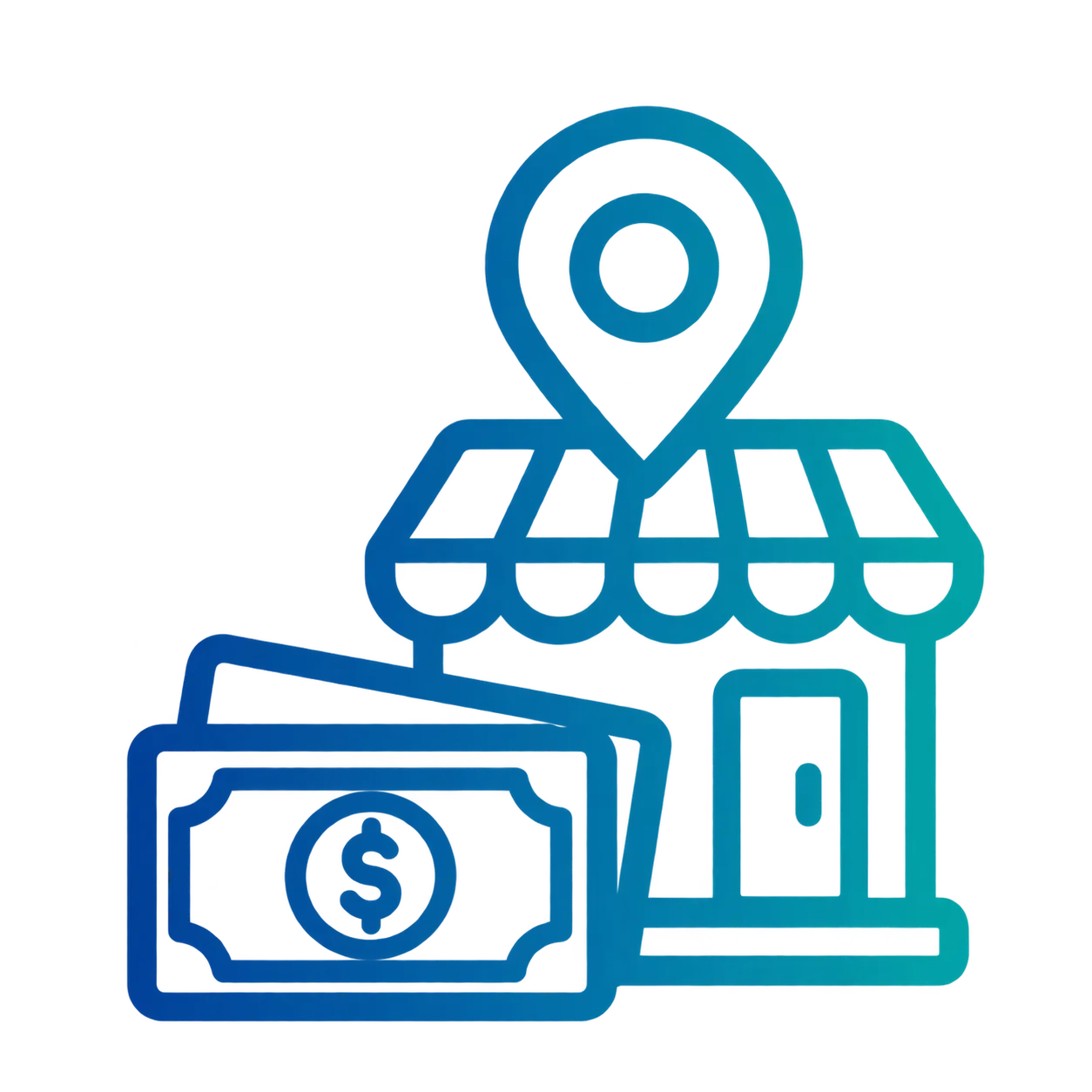 Icon of a storefront with a location pin above it and three dollar bills in front representing a local business or store with money.