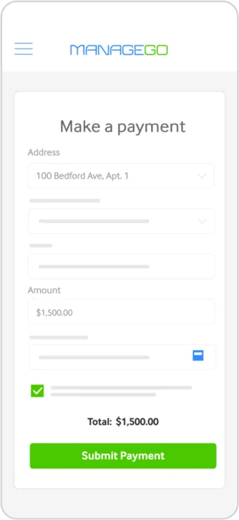Mobile interface for ManageGo showing a form to make a payment, including address 100 Bedford Ave, Apt. 1, an amount field with $1,500.00, a checked checkbox, the total payment of $1,500.00, and a bright green Submit Payment button.
