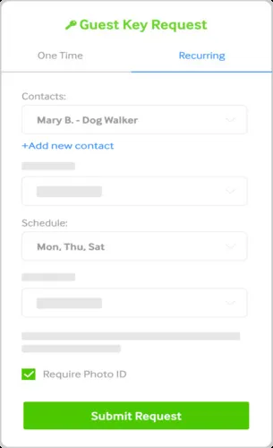 Mobile app screen for Guest Key Request with 'Recurring' tab selected. Contact listed as Mary B. - Dog Walker with option to add new contact. Schedule set for Monday, Thursday, and Saturday. Checkbox for 'Require Photo ID' is checked. Green 'Submit Request' button at the bottom.