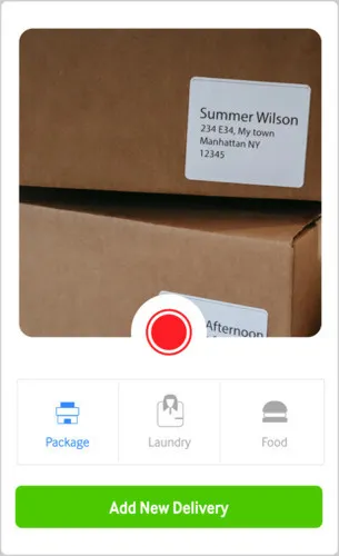 Mobile app screen showing a close-up of brown cardboard packages with labels, one labeled for Summer Wilson in Manhattan, with a bottom navigation bar highlighting a package icon and a green button reading 'Add New Delivery'.