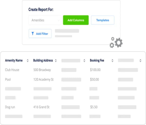 User interface showing a report creation panel with a dropdown menu for Amenities, buttons for Add Columns, Templates, and Add Filter, and a table listing amenities with columns for Amenity Name, Building Address, and Booking Fee including entries for Club House at 500 Broadway with $100 fee, Pool at 120 Academy St with $50 fee, and Dog run at 416 Grand St with $5.50 fee.