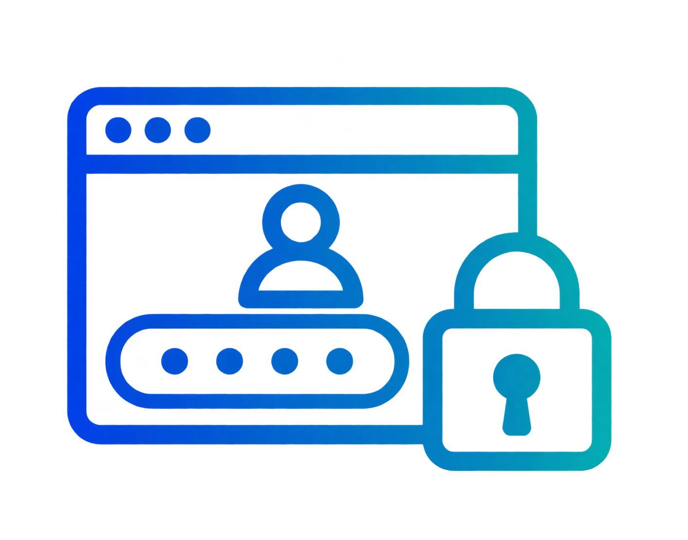 Icon of a web browser window showing a user profile and password field with dots, next to a closed padlock symbolizing secure login or account protection.