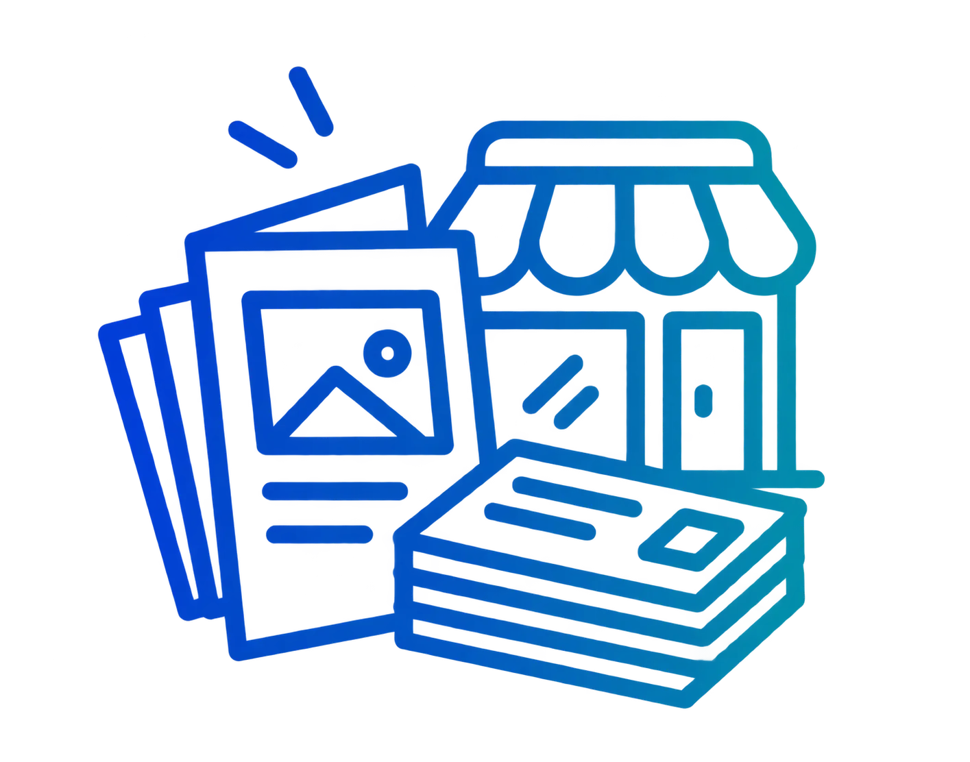 Blue line icon showing a small storefront behind a stack of flyers and envelopes, symbolizing marketing or promotional materials for a business.