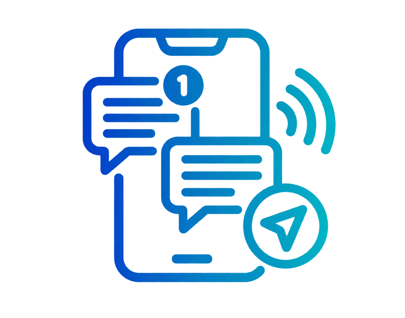 Line art illustration of a smartphone receiving a new message notification with chat bubbles and a paper plane icon symbolizing sending messages.
