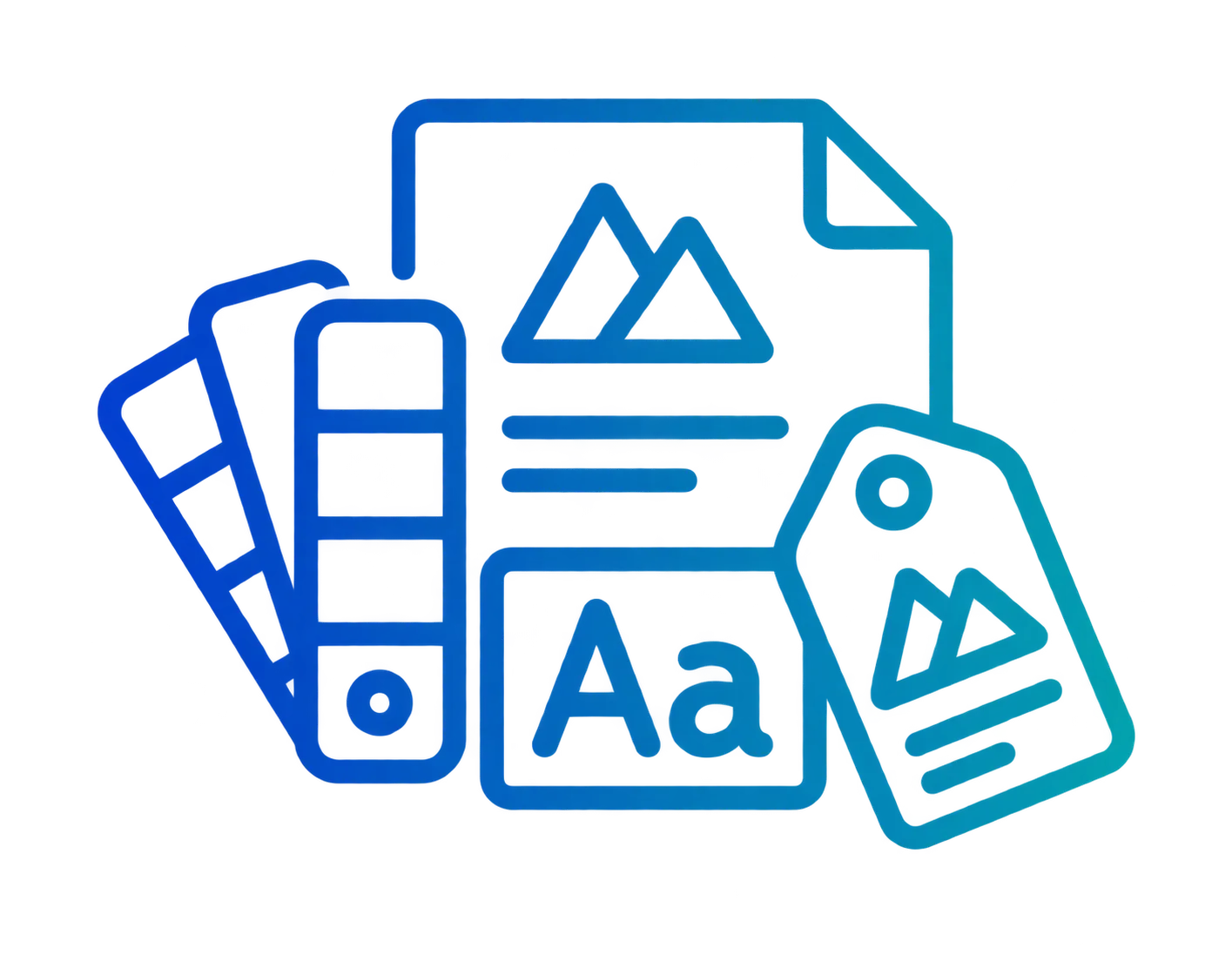 Icon representing graphic design elements including a document with image and text lines, a color palette fan, a tag with an image and lines, and a box with 'Aa' symbol for typography.