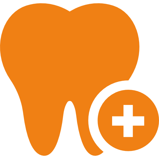 Orange tooth icon with a white medical cross in a circle at the lower right, symbolizing dental care or health.