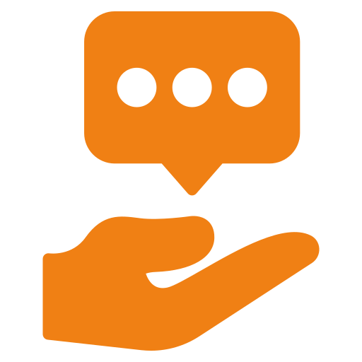 Orange hand icon holding a speech bubble with three dots representing communication or advice.