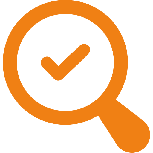Orange magnifying glass icon with a checkmark inside the lens area.