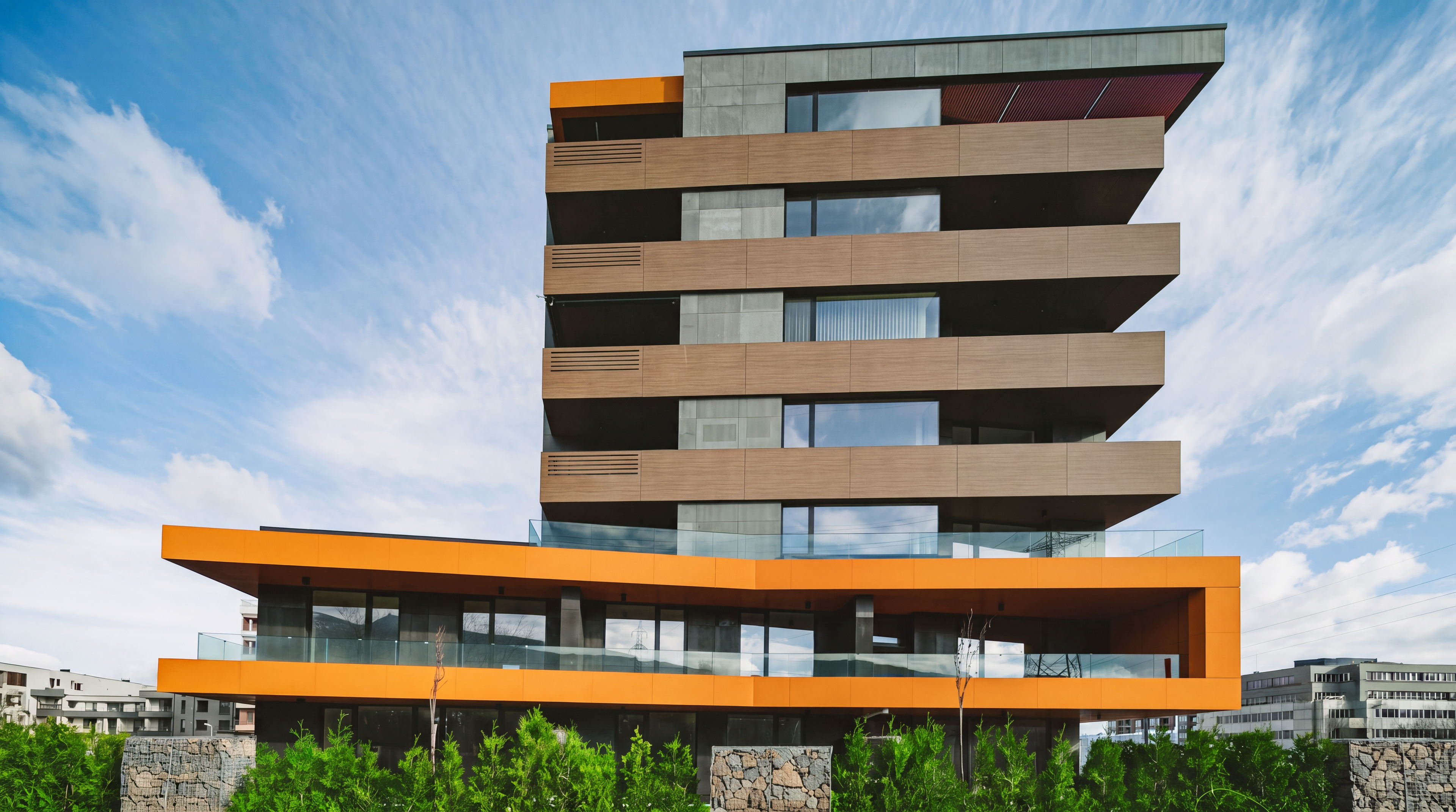RUHouse — street elevation with orange facade panels