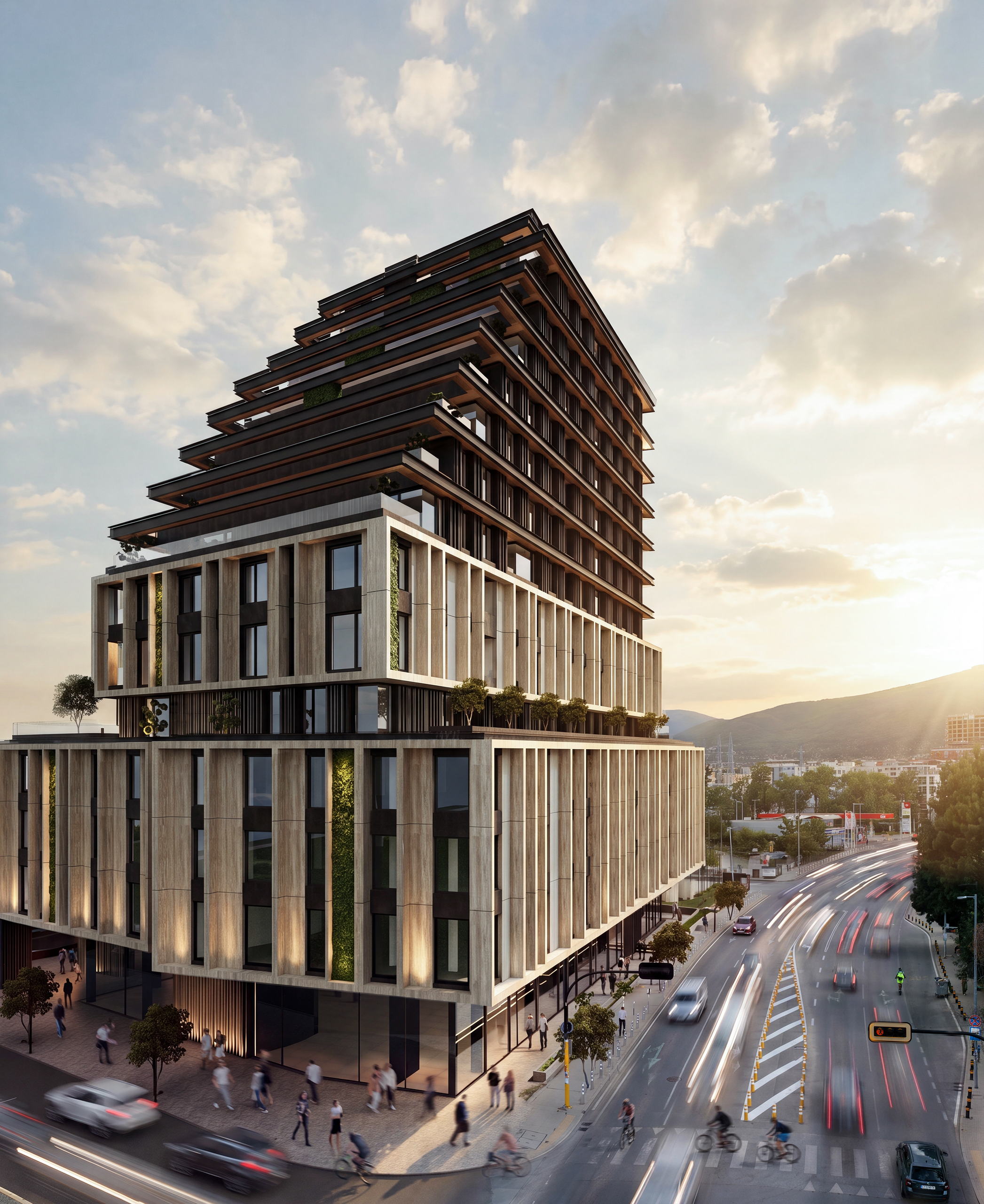 RUH 3 — the building above the boulevard at sunset