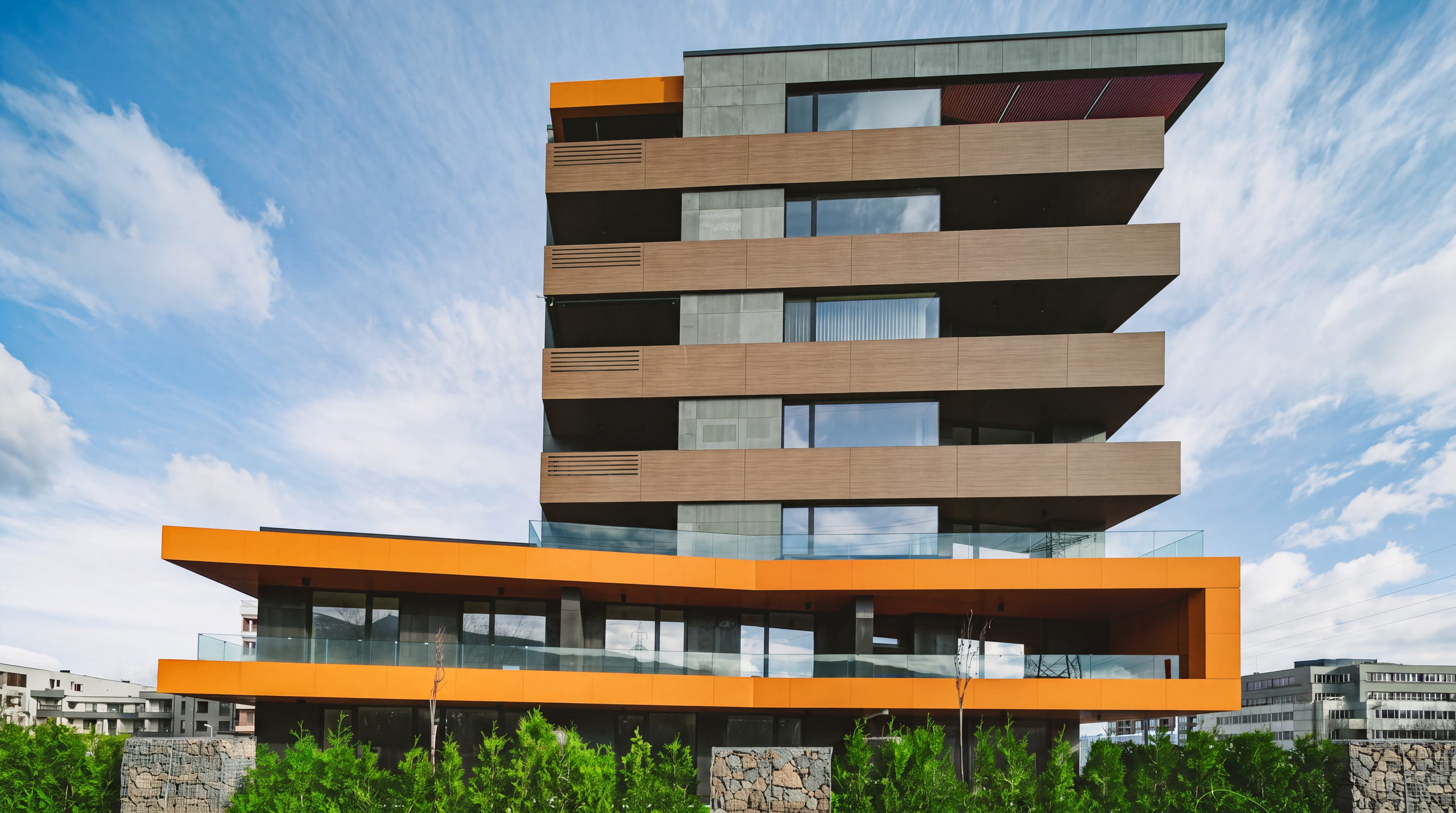 RUHouse — street elevation with the orange soffit