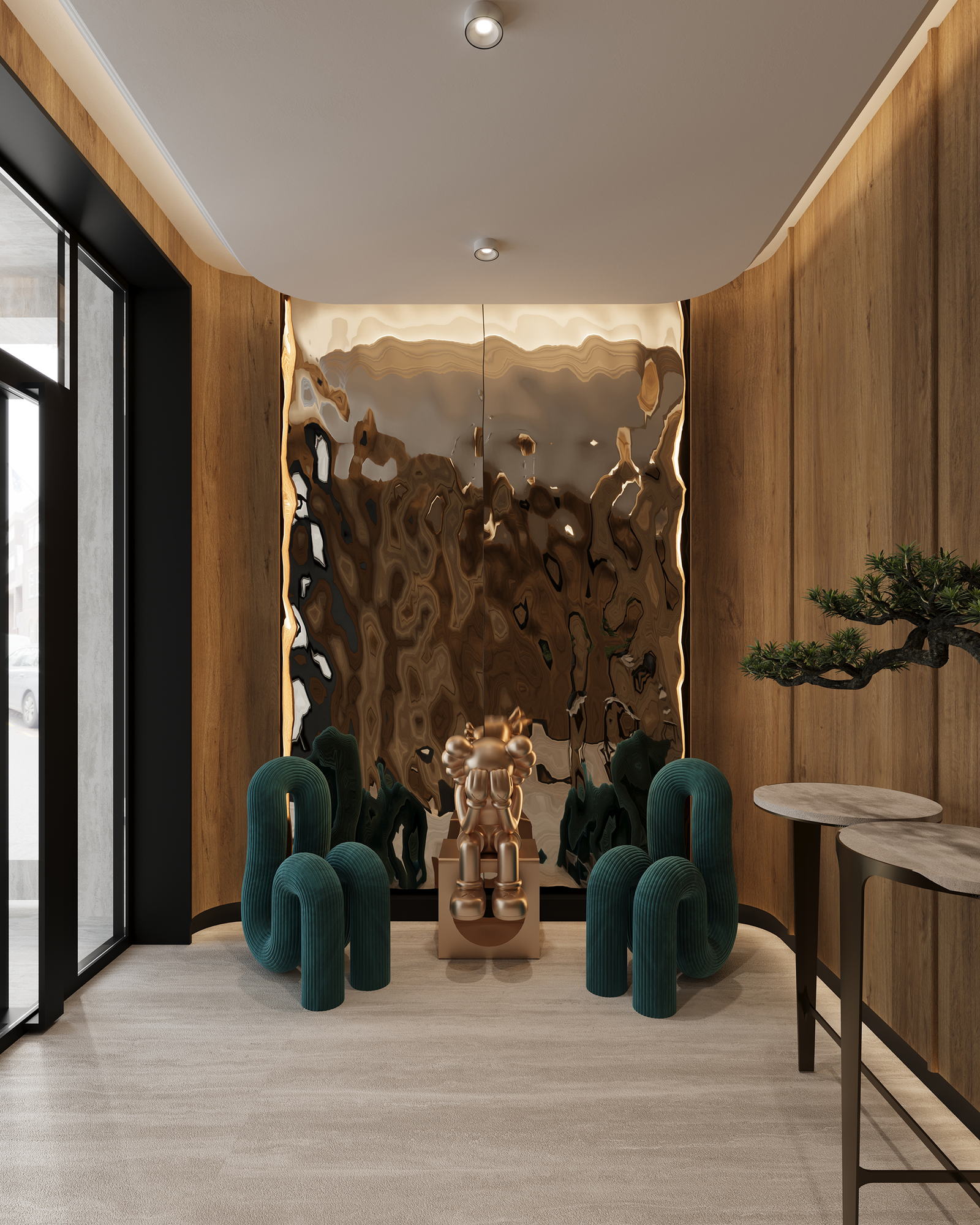 BUR Residence — entrance hall with the bronze relief wall and green velvet seating