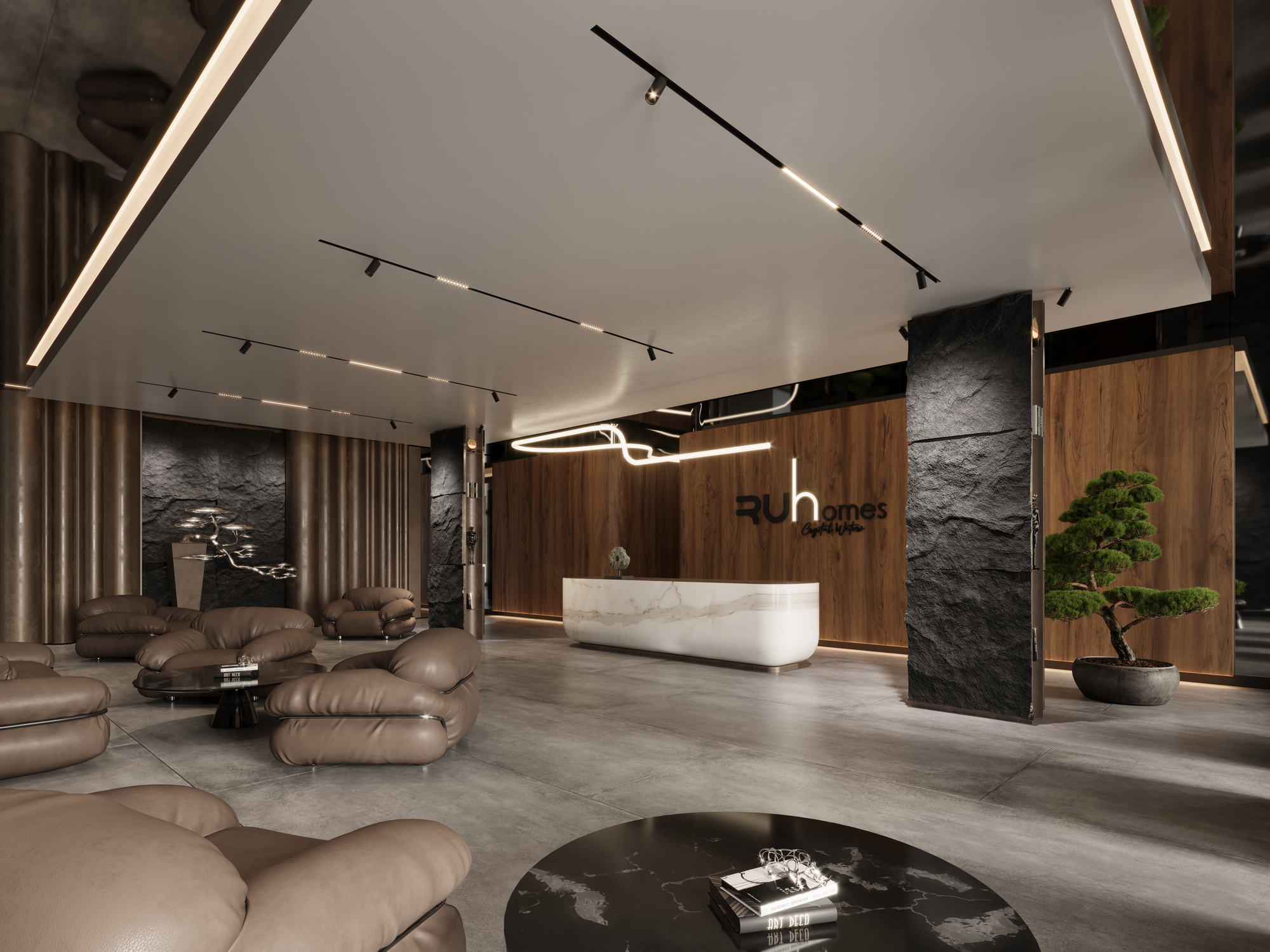 RUhomes Botanic Garden — reception lounge with the RUhomes sign and bonsai