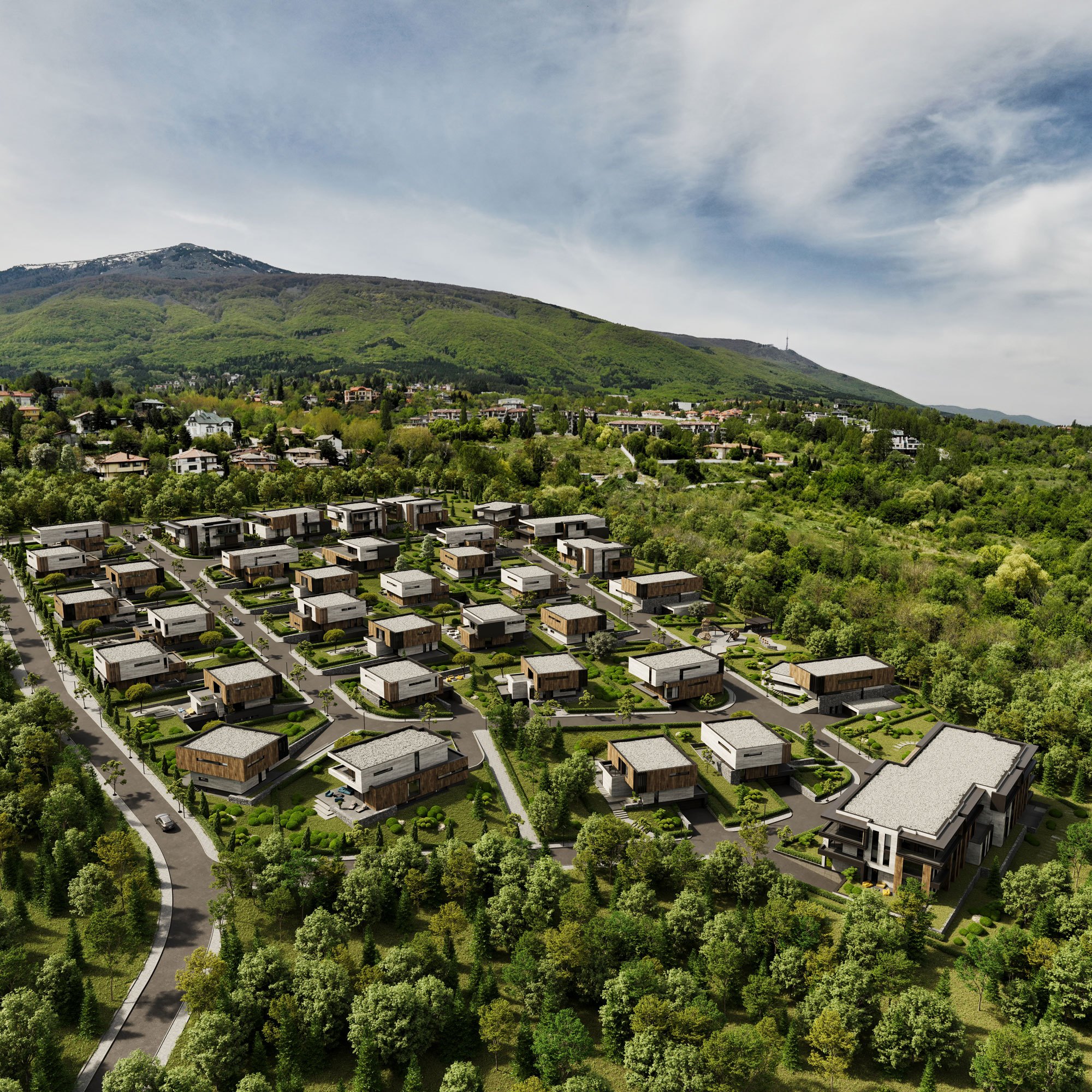 RUhomes Botanic Garden — aerial view of the community among the trees with Vitosha Mountain behind