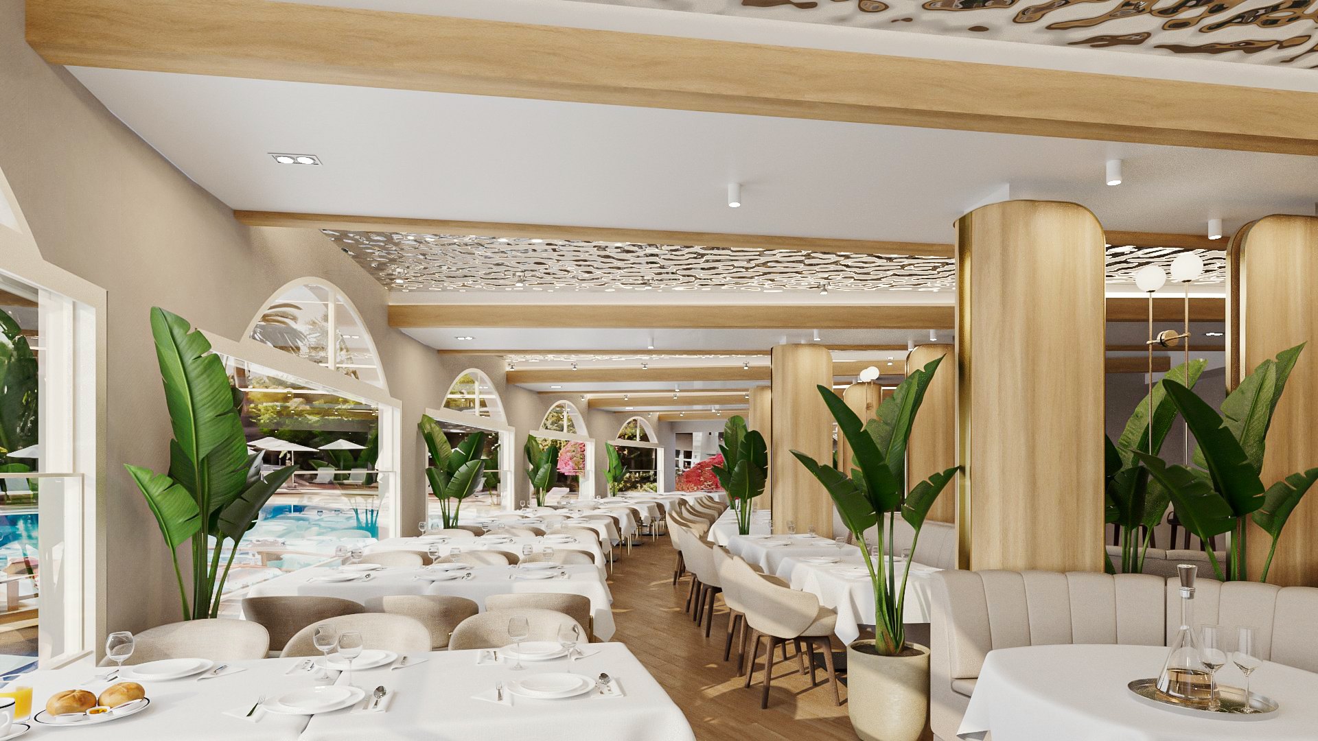 Restaurant Rupite — the main dining hall looking towards the arched windows and the pool terrace