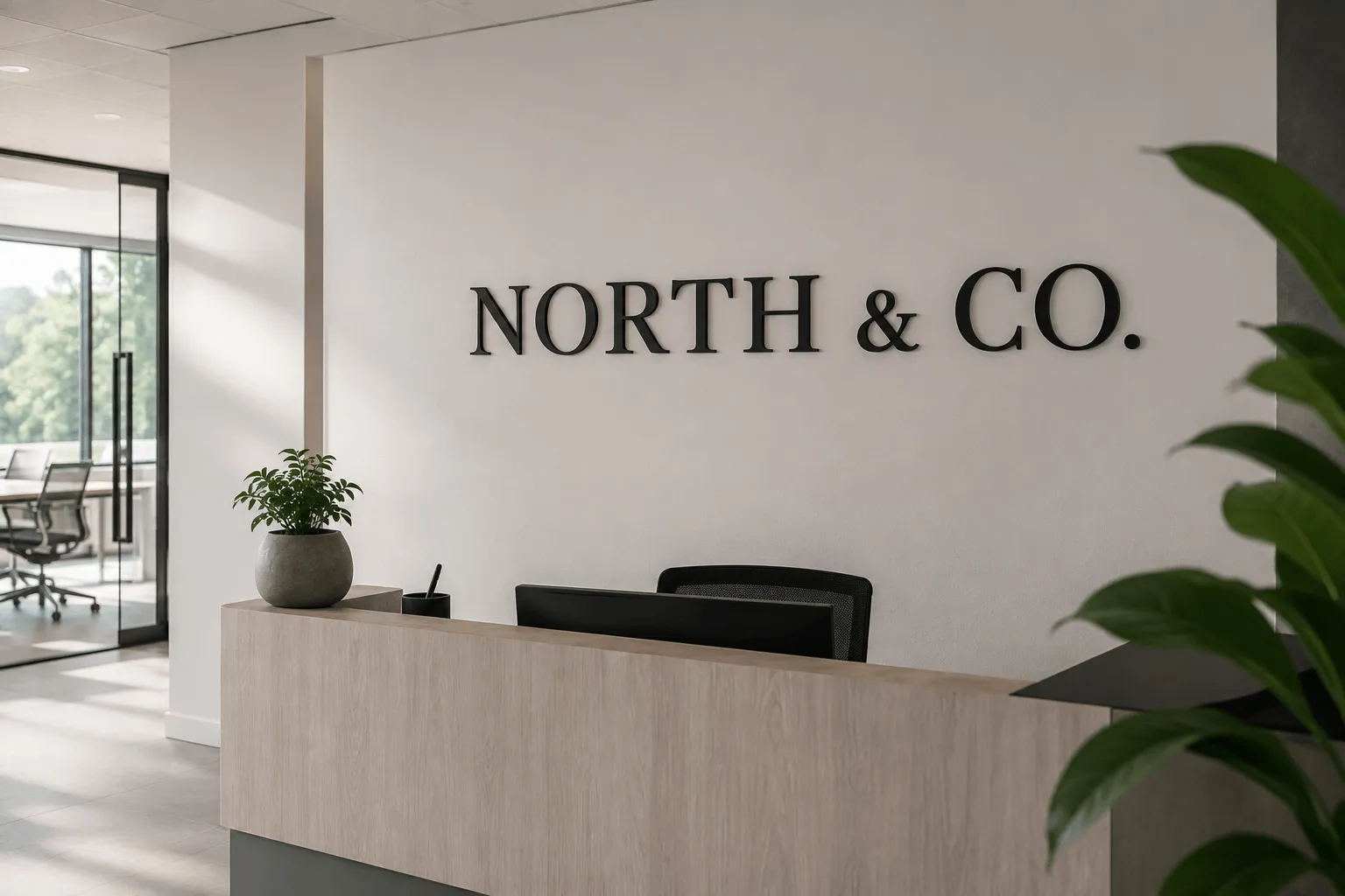 Modern office reception desk with a potted plant and black text reading 'NORTH & CO.' on the wall.
