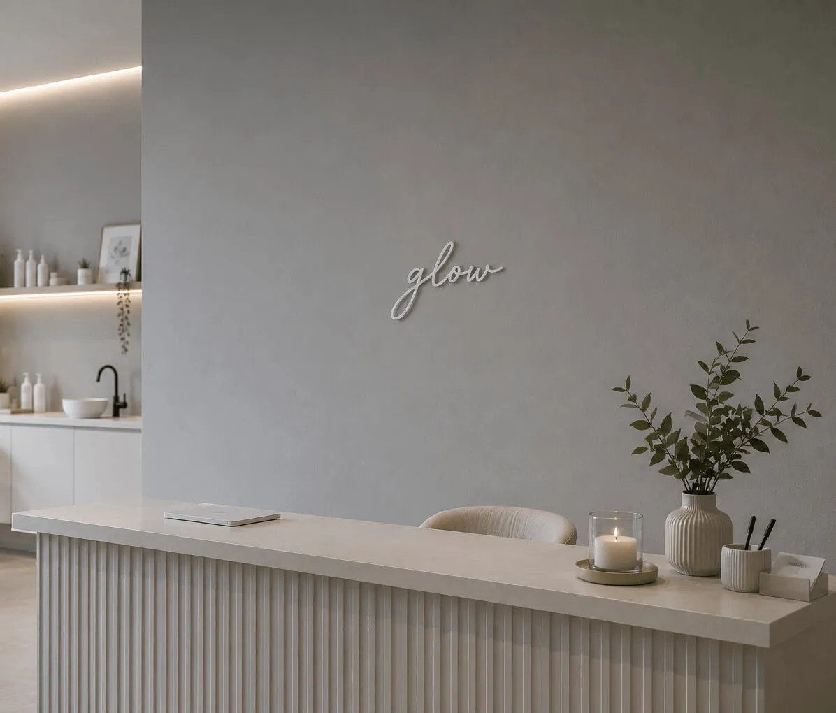 Minimalist reception desk with candle, plant, and 'glow' sign on a gray wall in a modern space.