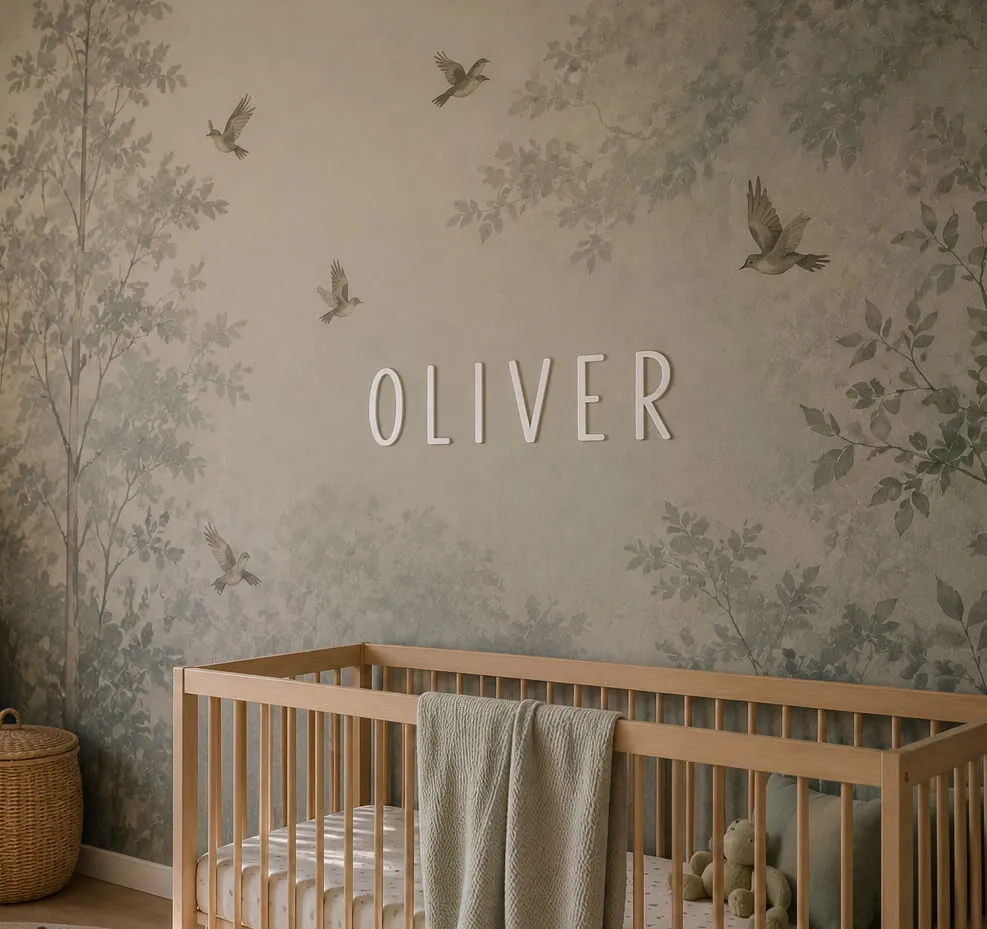 Wooden baby crib with a blanket and stuffed toy against a green leafy wall with birds and the name Oliver.