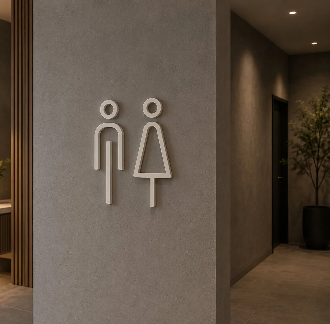 Minimalist restroom sign with male and female figures on a gray wall in a modern space.