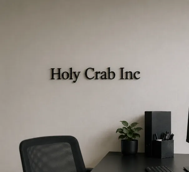 Office wall with 'Holy Crab Inc' sign, desk with plant, pen holder, and black chair visible.