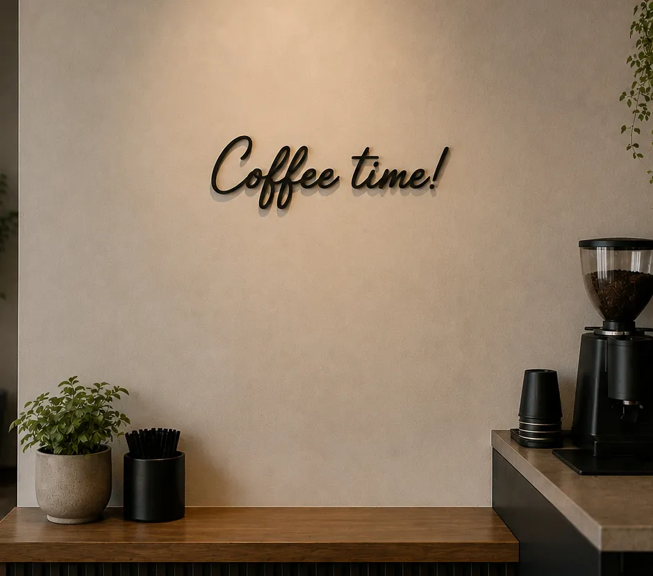 Minimalist coffee counter with plant, straws, coffee grinder, and 'Coffee time!' sign on wall.