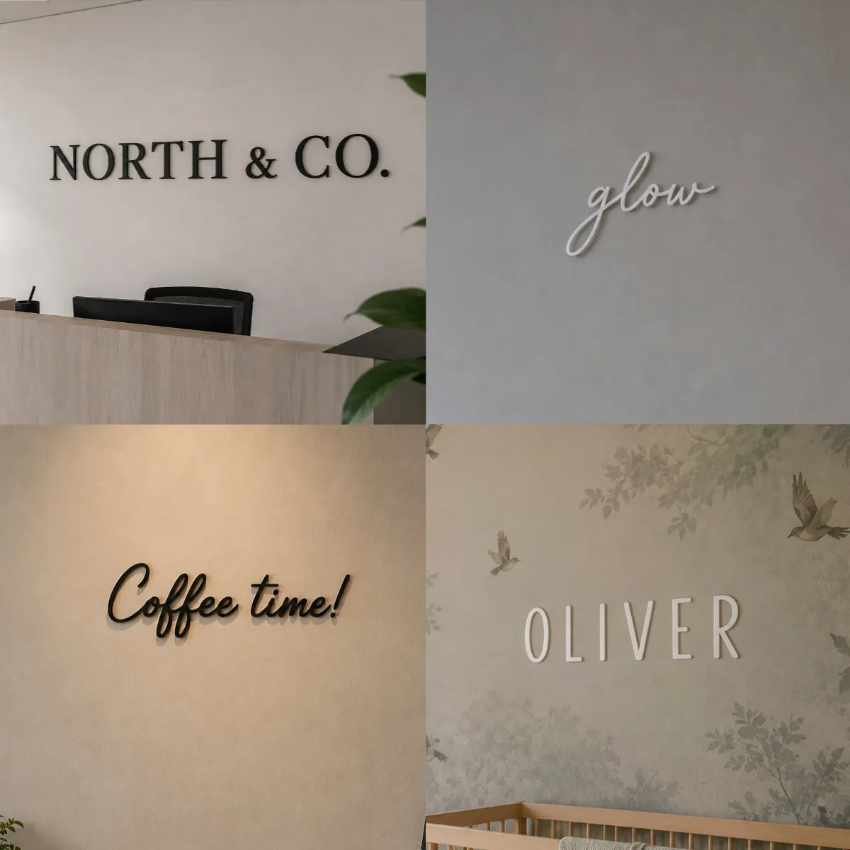 Four walls with text: NORTH & CO., glow, Coffee time!, and OLIVER with birds and crib below.