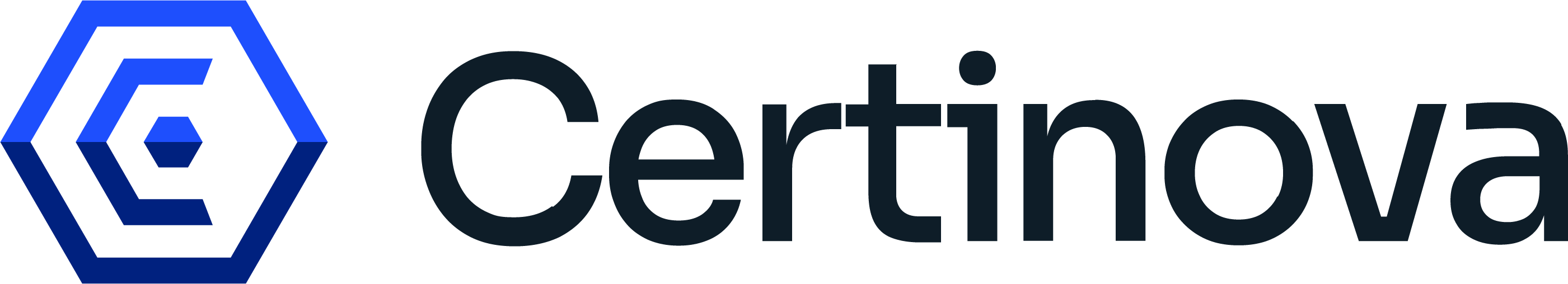 Das Logo von Certinova mit einem sechseckigen Symbol aus blauen Linien links und dem Schriftzug Certinova rechts in schwarzer Schrift.