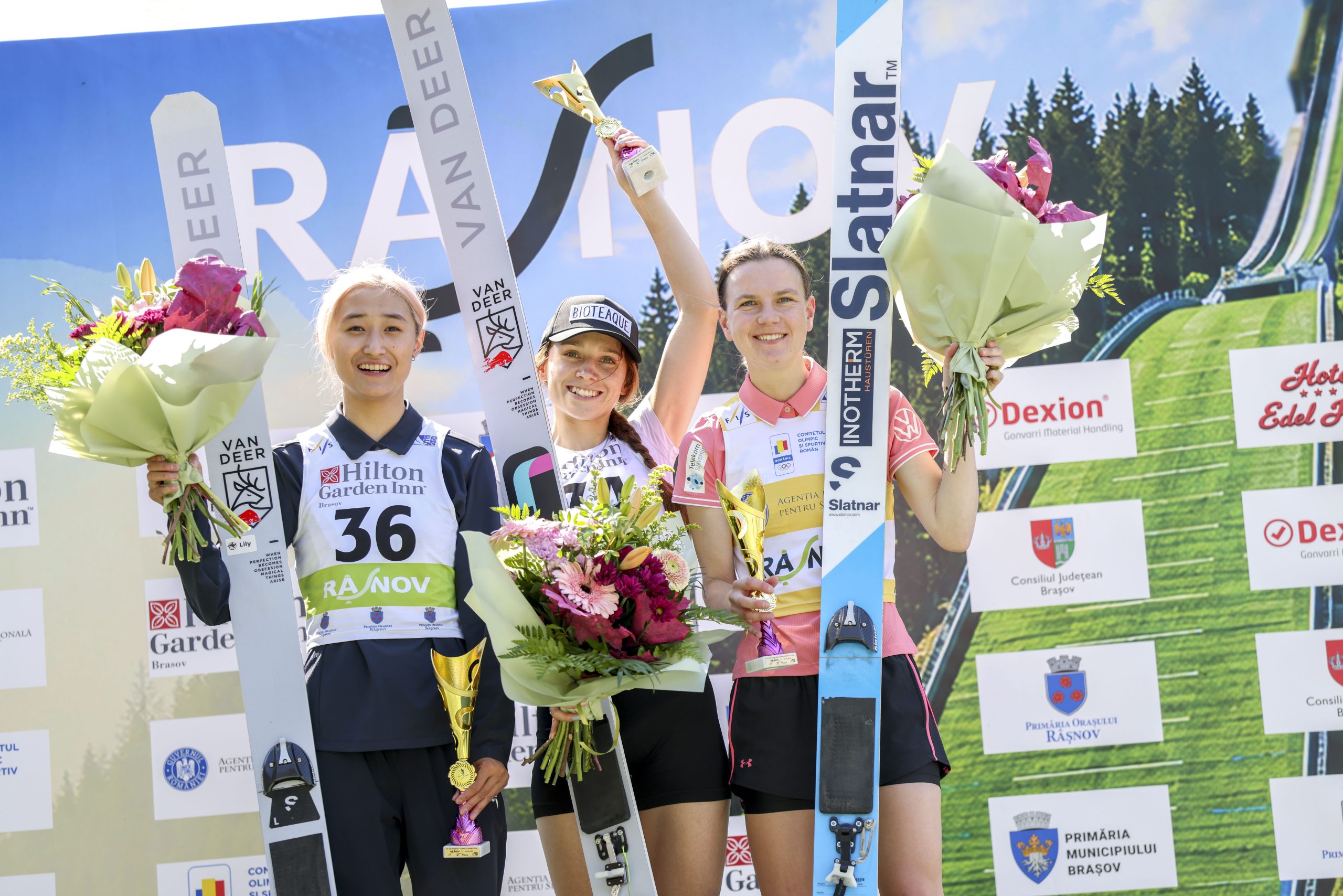 Ping ZENG, CHN, bib number 36, Anna TWARDOSZ, POL, bib number 34, Ema KLINEC, SLO, bib number 37, Podium Photo, Women's Individual Large Hill at FIS Ski Jumping Summer Grand Prix in Rasnov, Romania, 2026-09-20, Photo Credit: Julia Piatkowska