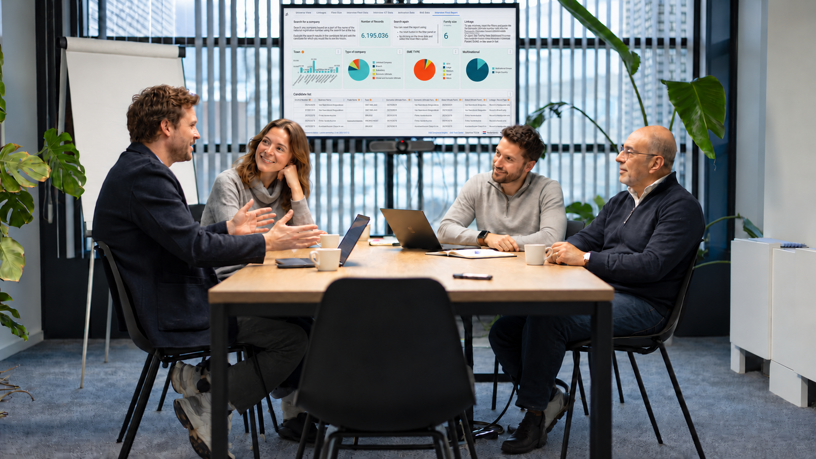 Vier mensen bespreken een dashboard tijdens een werkoverleg.